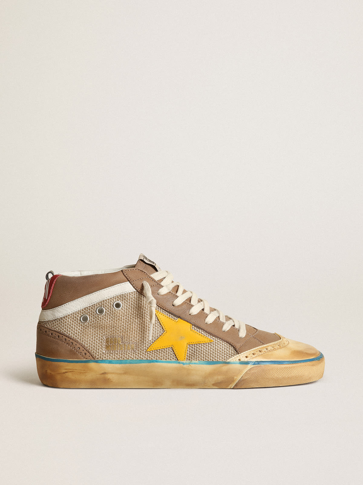 Sneaker Mid Star in rete beige e nabuk color tortora con stella in pelle gialla