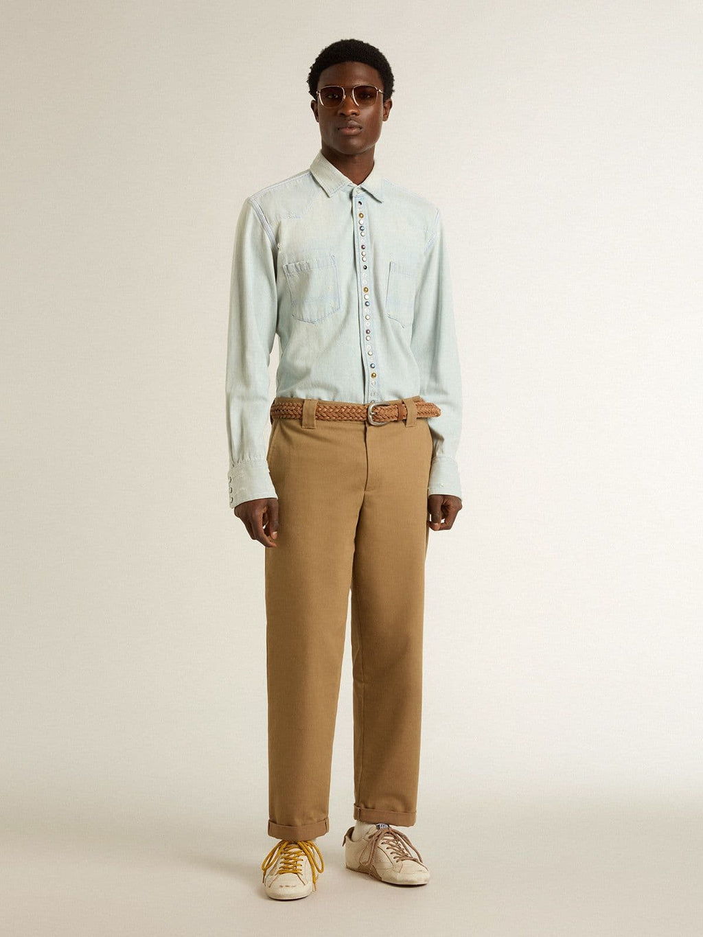 Men's True-Star in white nappa leather with gold foiled leather star and beige suede heel tab