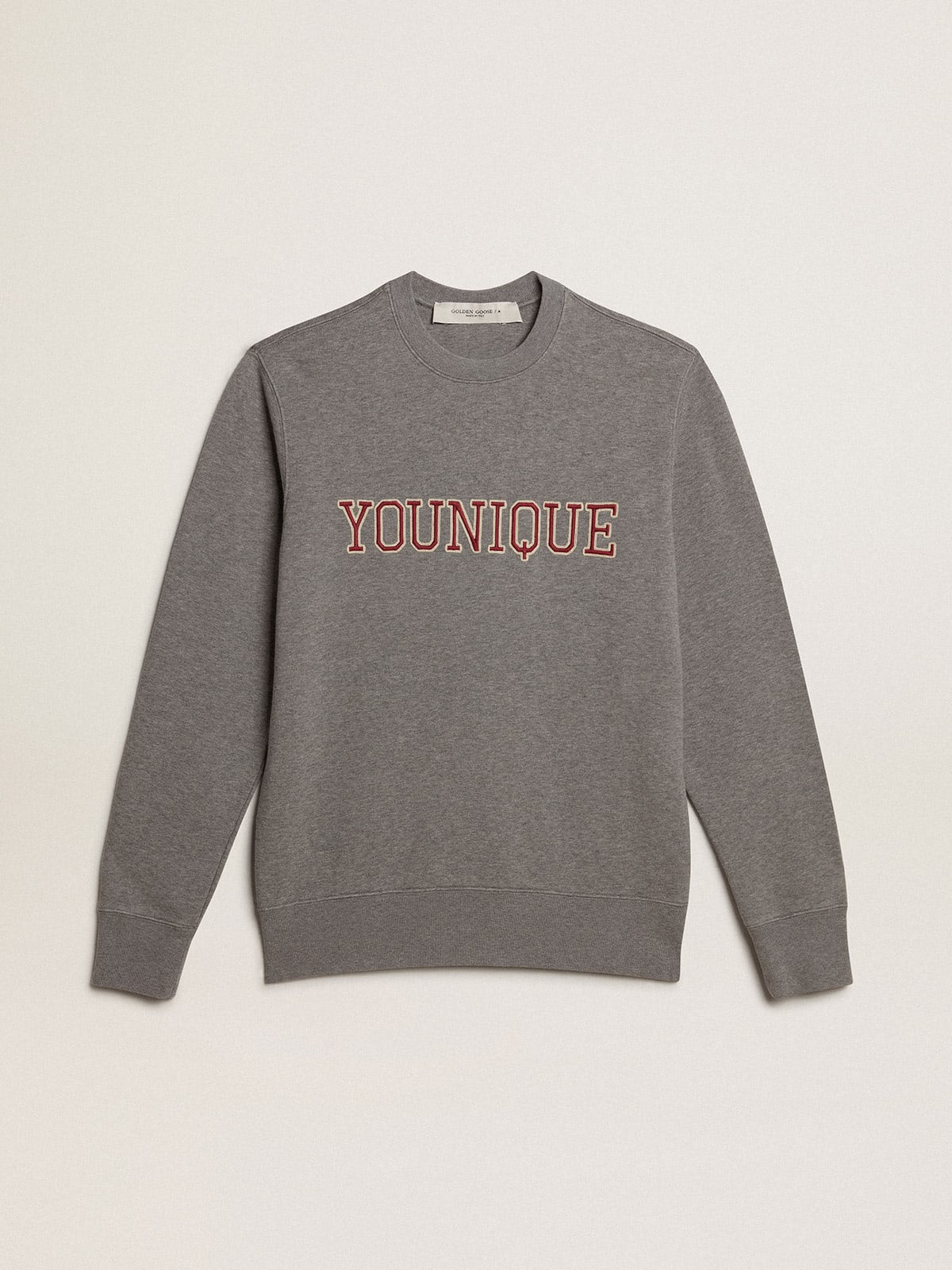 Felpa in cotone color grigio melange con scritta ricamata