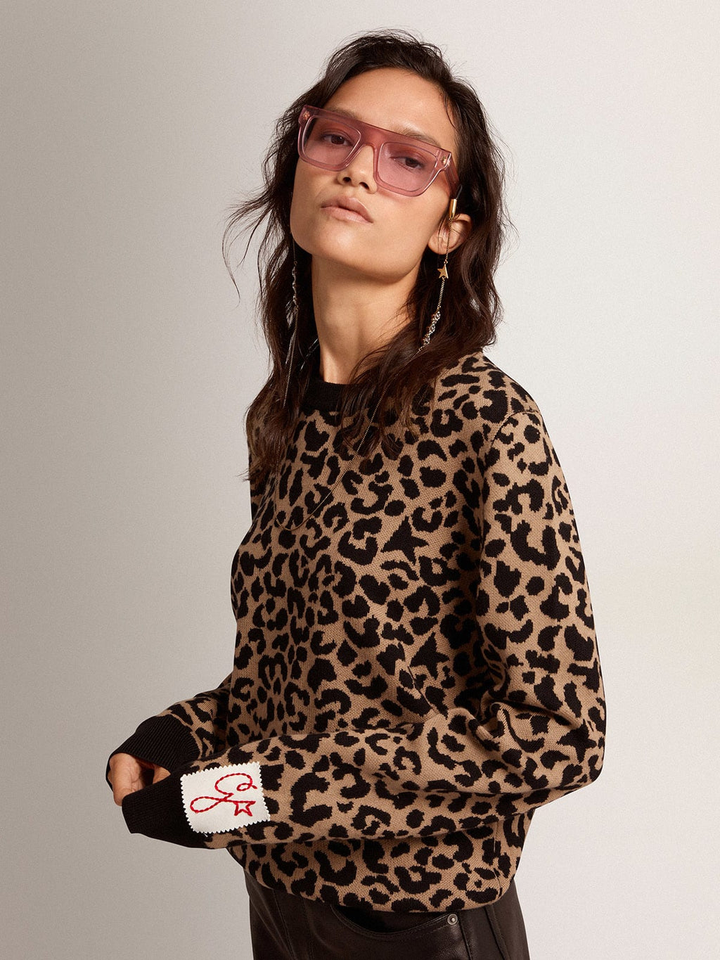Maglione girocollo in lana con motivo animalier jacquard
