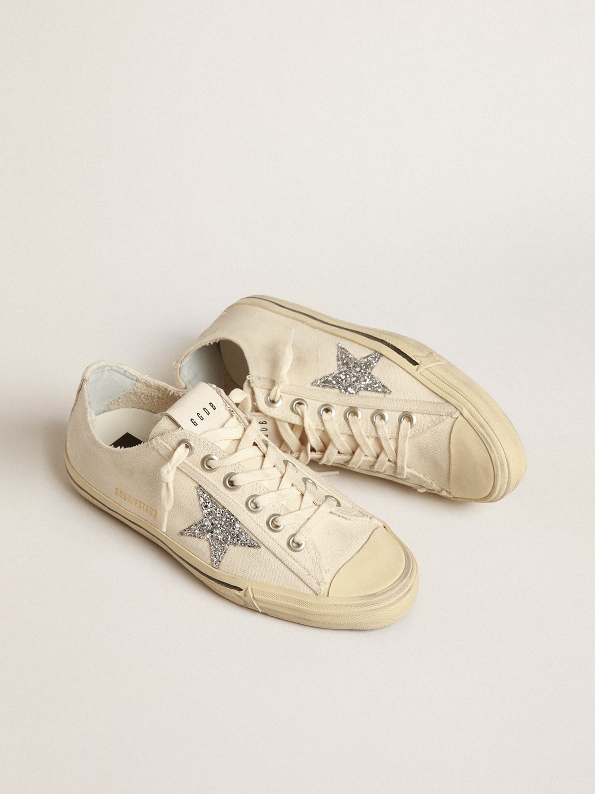 V-Star in canvas beige con stella in glitter argento
