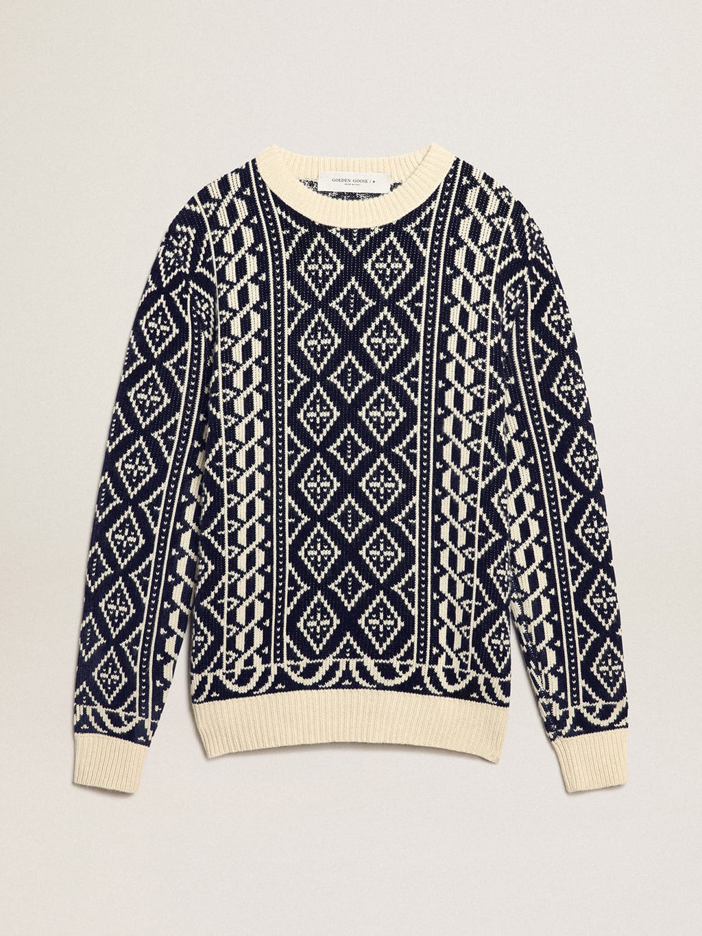 Maglione girocollo a motivi geometrici color pergamena e blu