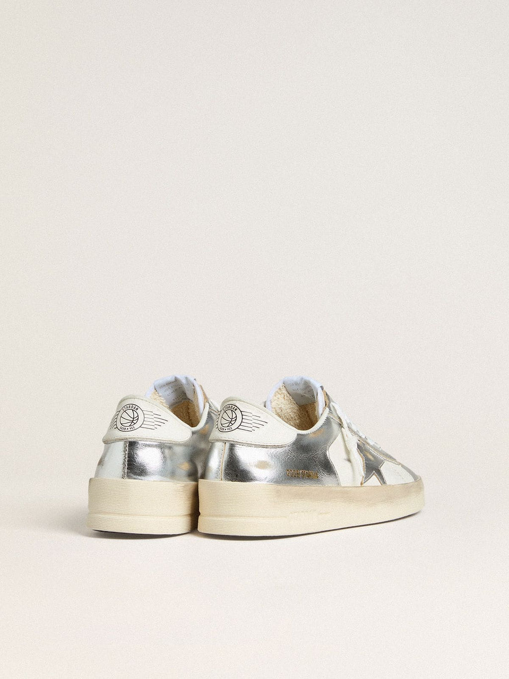 Stardan in silver foiled leather with white heel tab