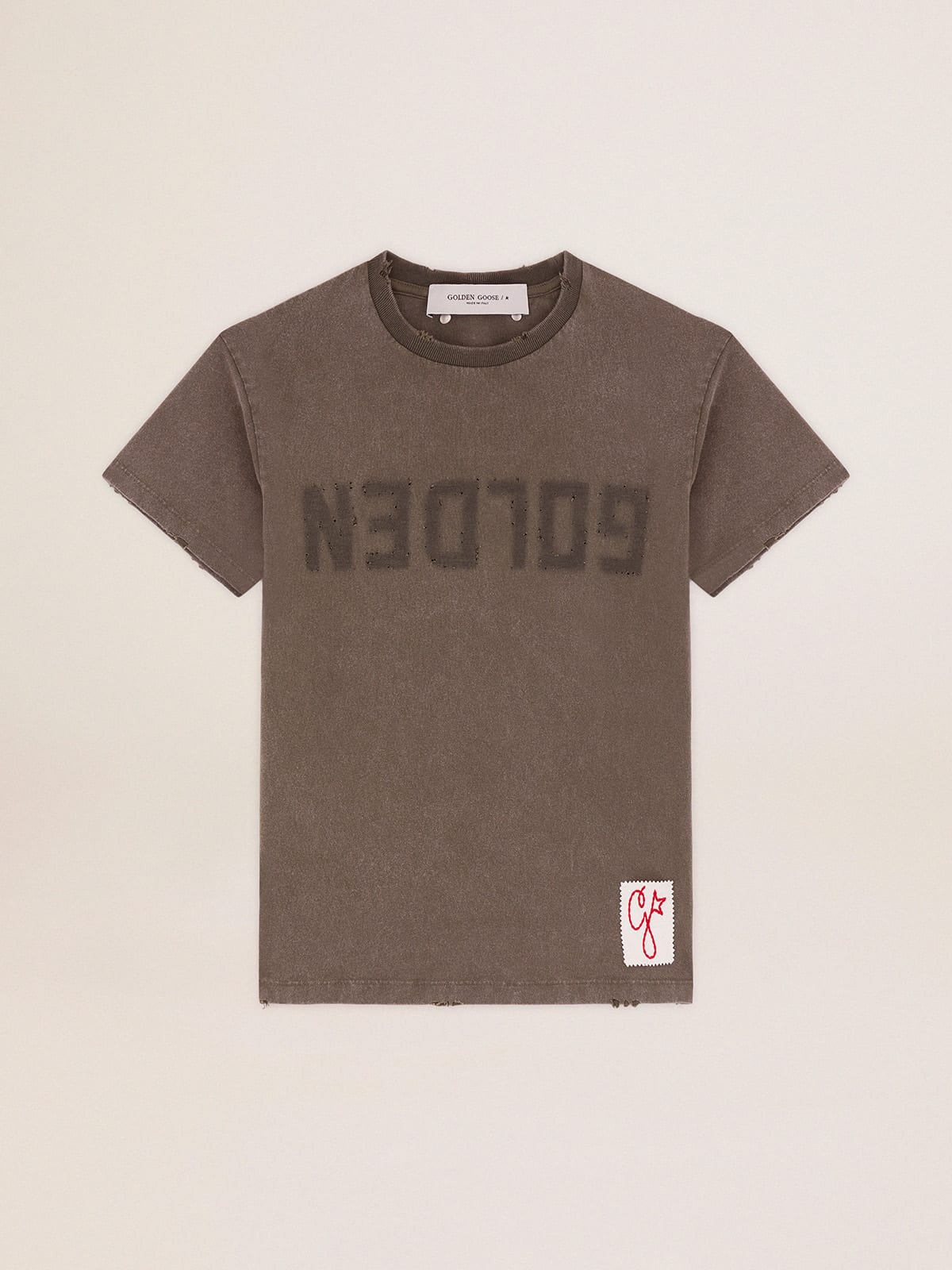T-shirt color verde oliva dal fit regular con scritta Golden sul davanti