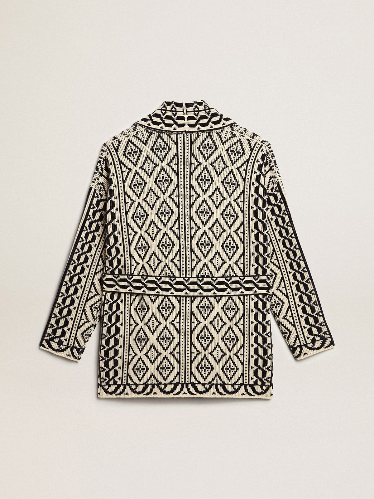 Cardigan color papiro in lana con motivo jacquard e cristalli