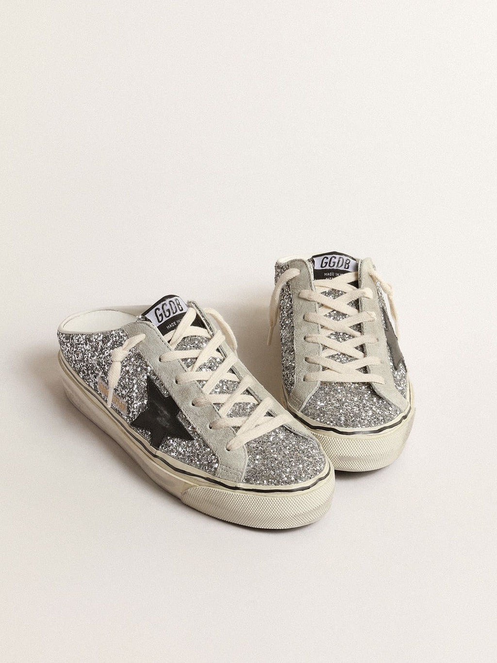 Women's Super-Star Sabot in silver glitter with black leather star