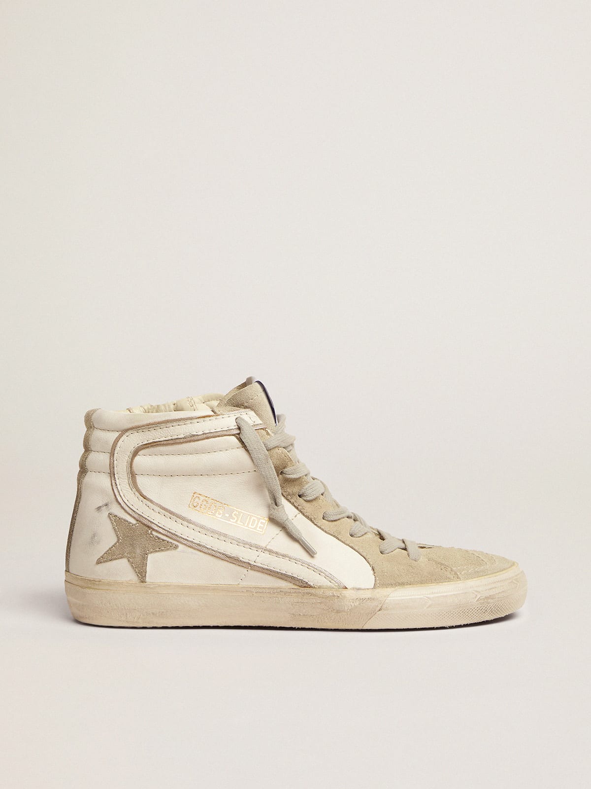 Sneaker Slide con stella in suede grigio ghiaccio e virgola in pelle bianca
