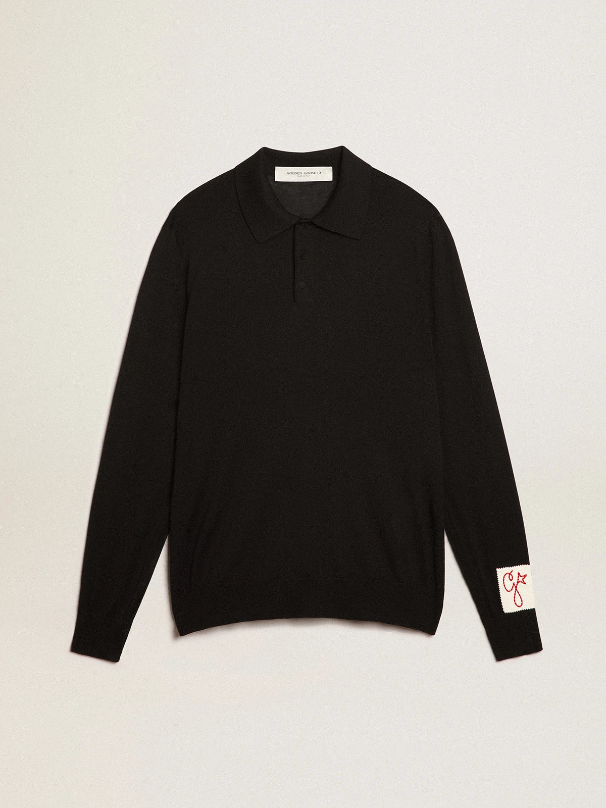Polo maniche lunghe da uomo in lana merino di colore nero
