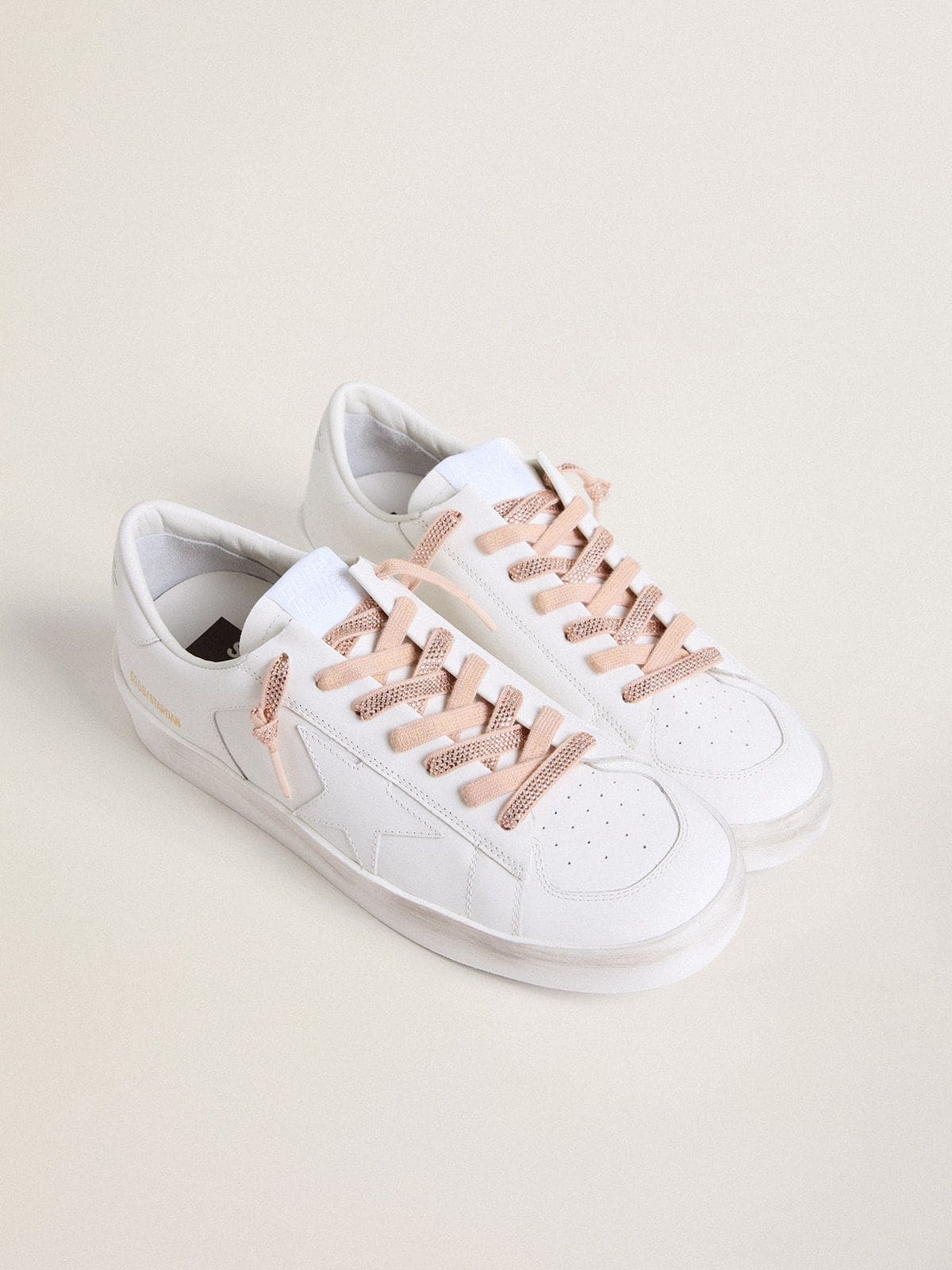 Cotton laces with silver Swarovski crystals and gold-colored logo
