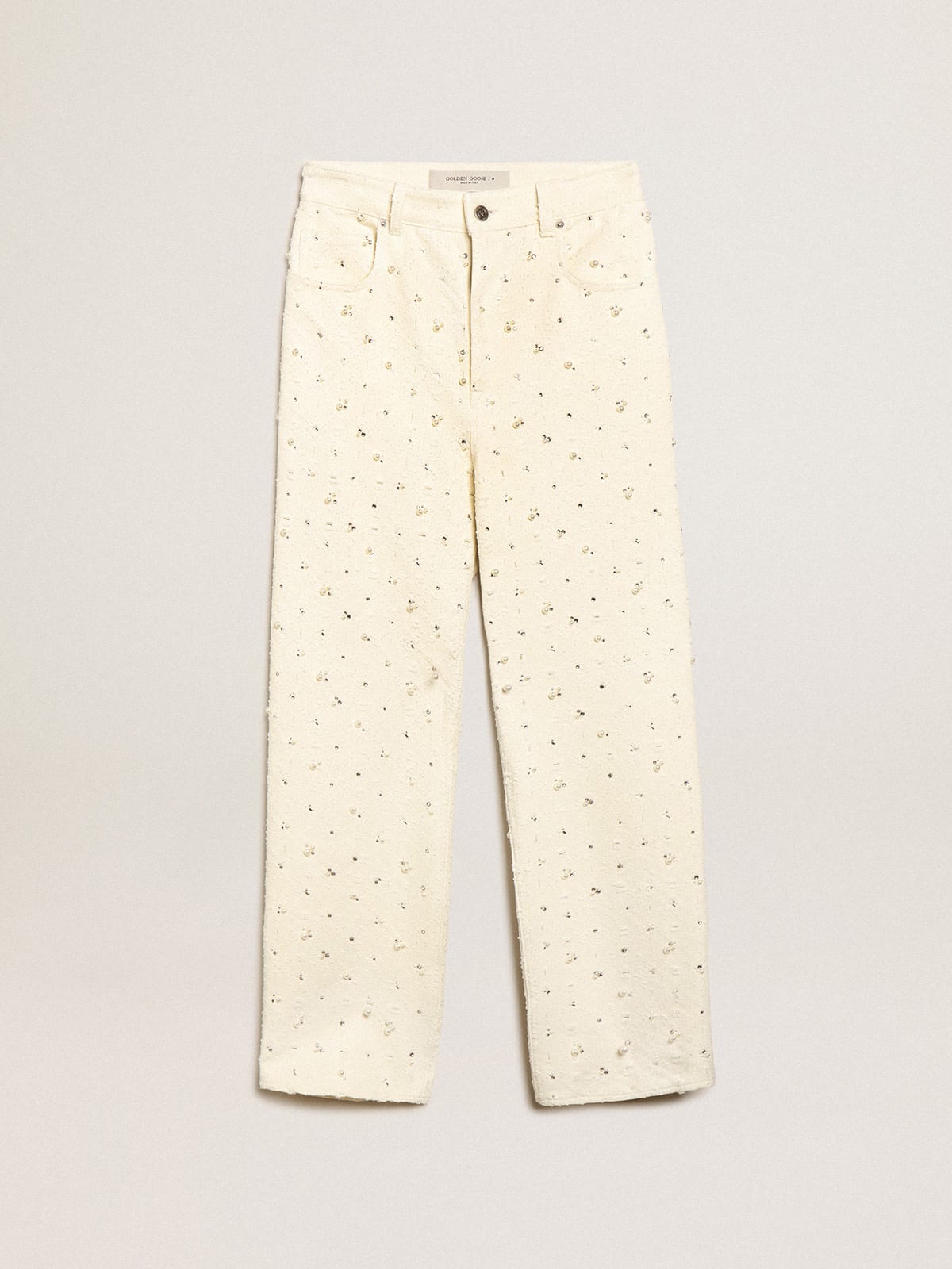 Jeans Kim Collezione Journey in cotone color bianco sporco con motivi a rombi e applicazione di perle e cristalli