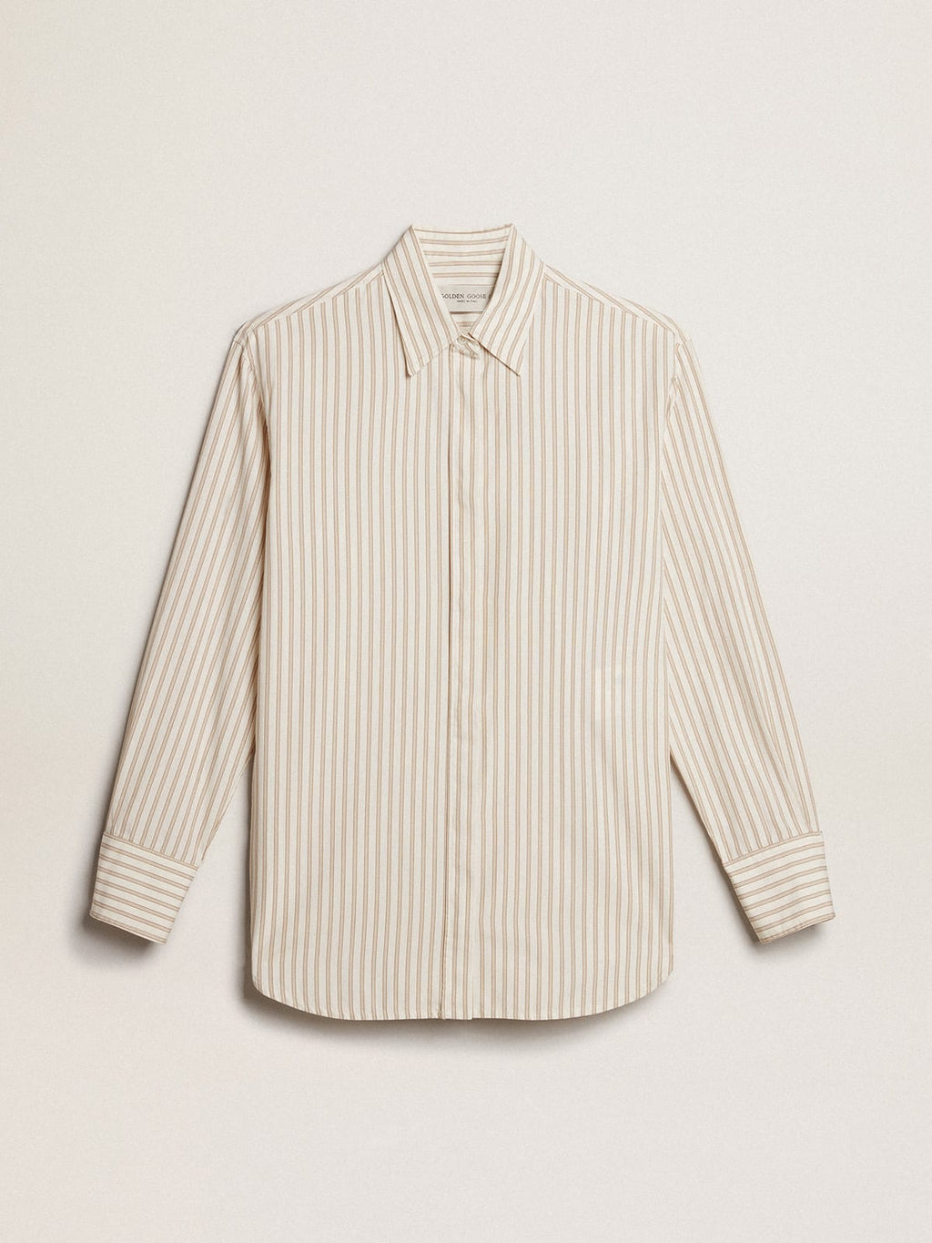 Camicia bianca da donna in cotone con motivo a righe beige
