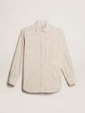 Camicia bianca da donna in cotone con motivo a righe beige
