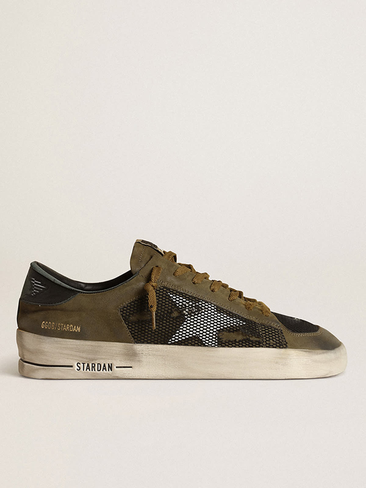 Sneaker Stardan uomo in nabuk verde militare e rete nera con stella in pelle bianca