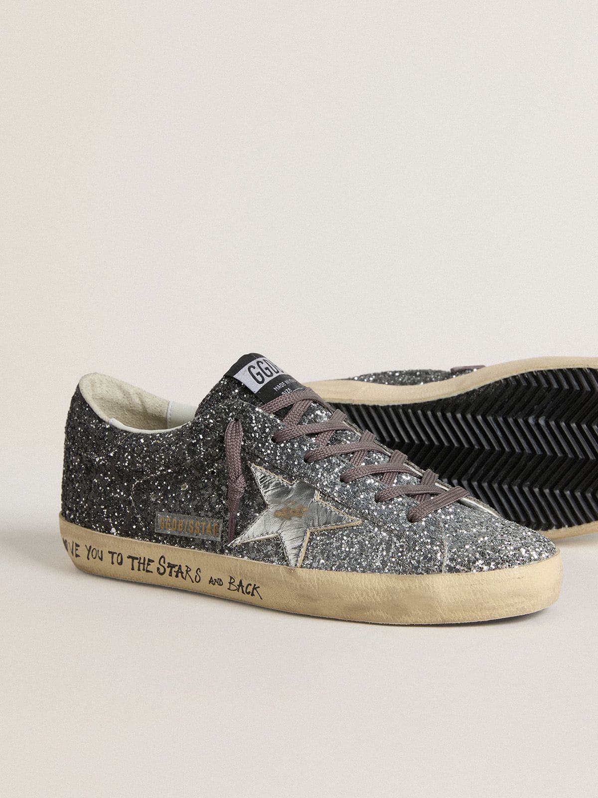 Women's Super Star with glitter upper and silver metallic leather star