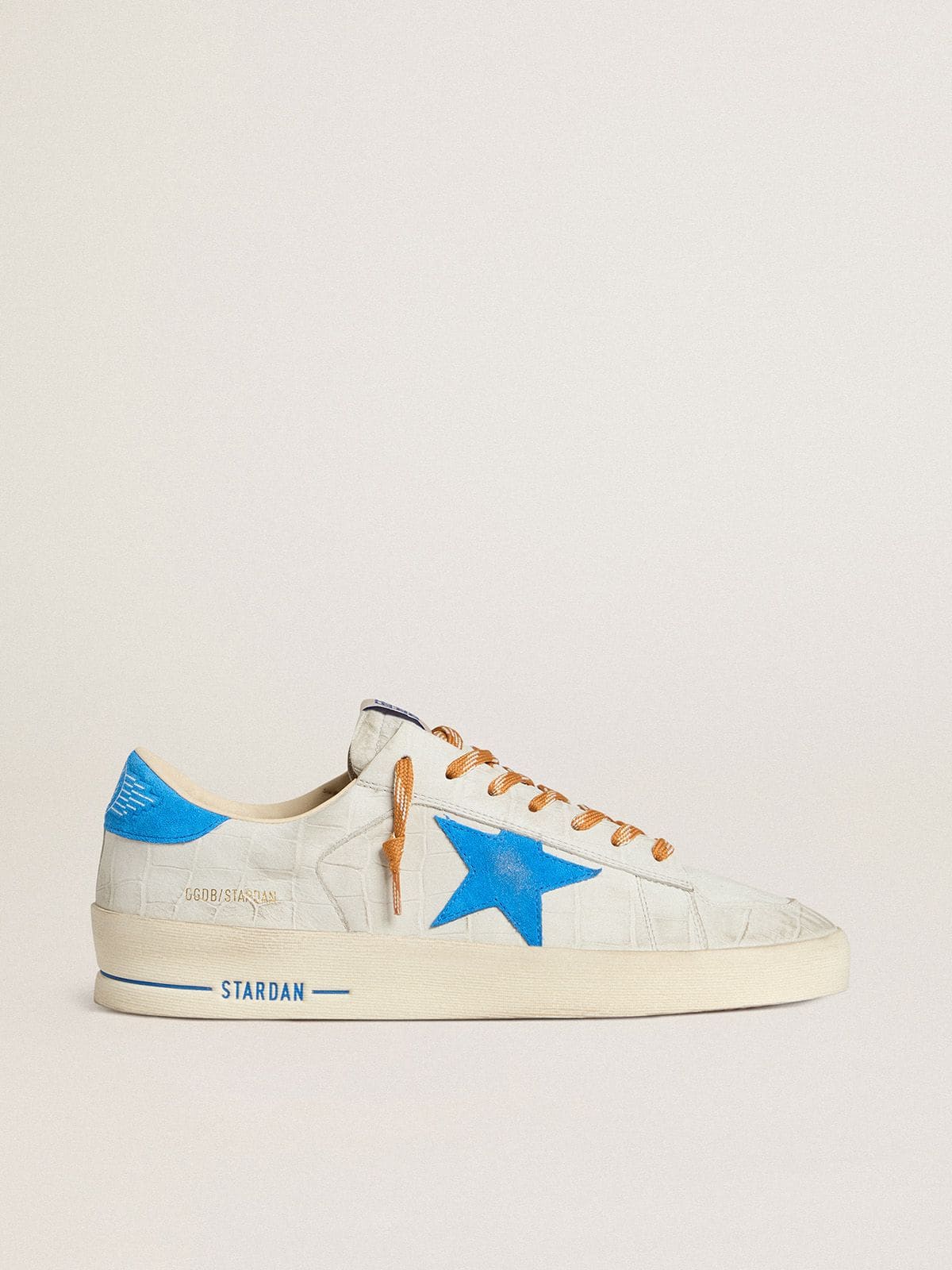 Stardan in white croc-print leather with light blue suede star and heel tab