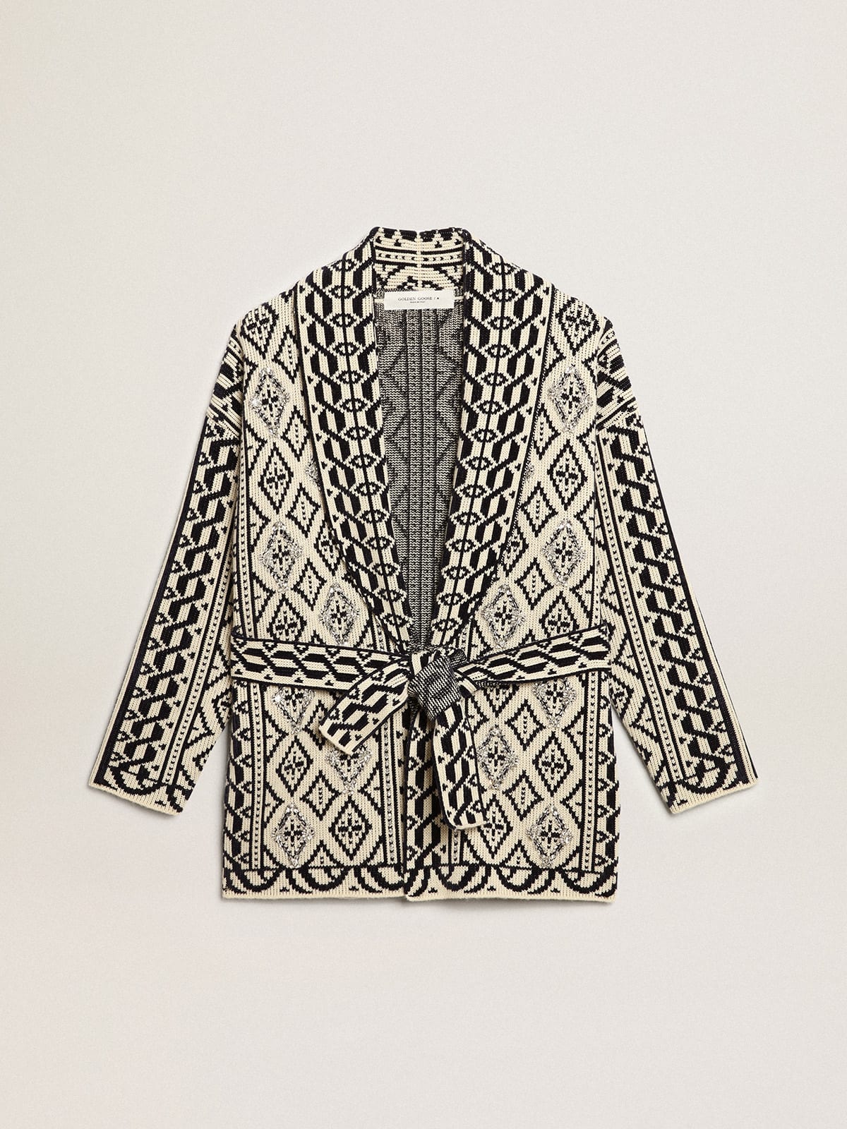Cardigan color papiro in lana con motivo jacquard e cristalli