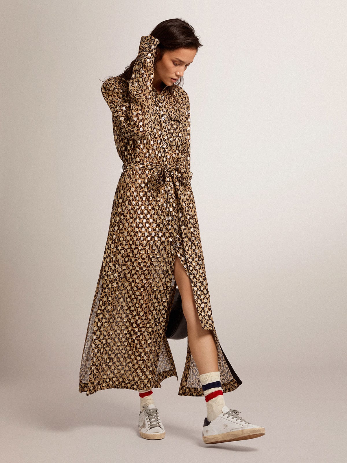Vestito chemisier con stampa animalier e fil coupé dorato