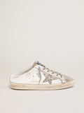 Super-Star Sabot in pelle bianca e suede grigio con stella in glitter argento