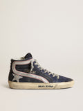 Sneaker Slide LTD in nylon blu con stella e virgola in pelle laminata argento