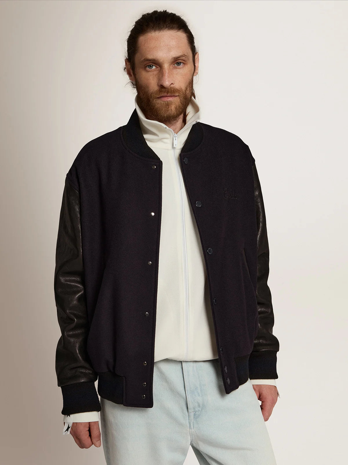 Giacca bomber in lana blu scuro e maniche in pelle distressed
