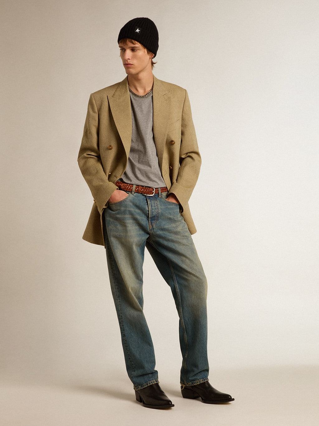 Blazer doppiopetto in lana da uomo di color faggio chiaro