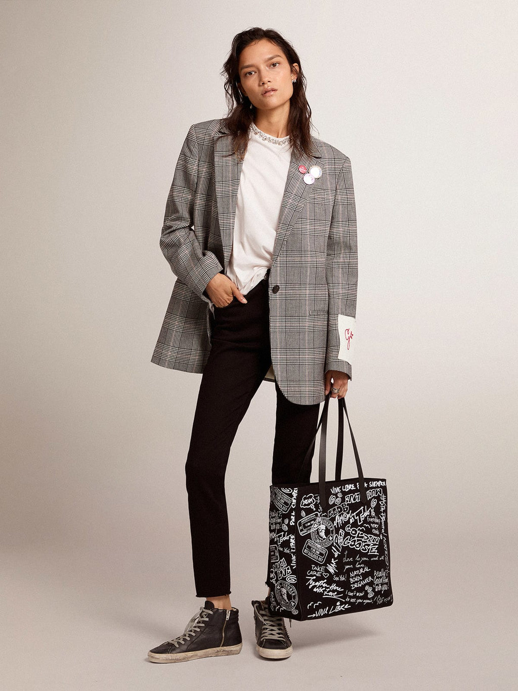 Blazer monopetto donna Collezione Golden in principe di Galles grigio e bianco