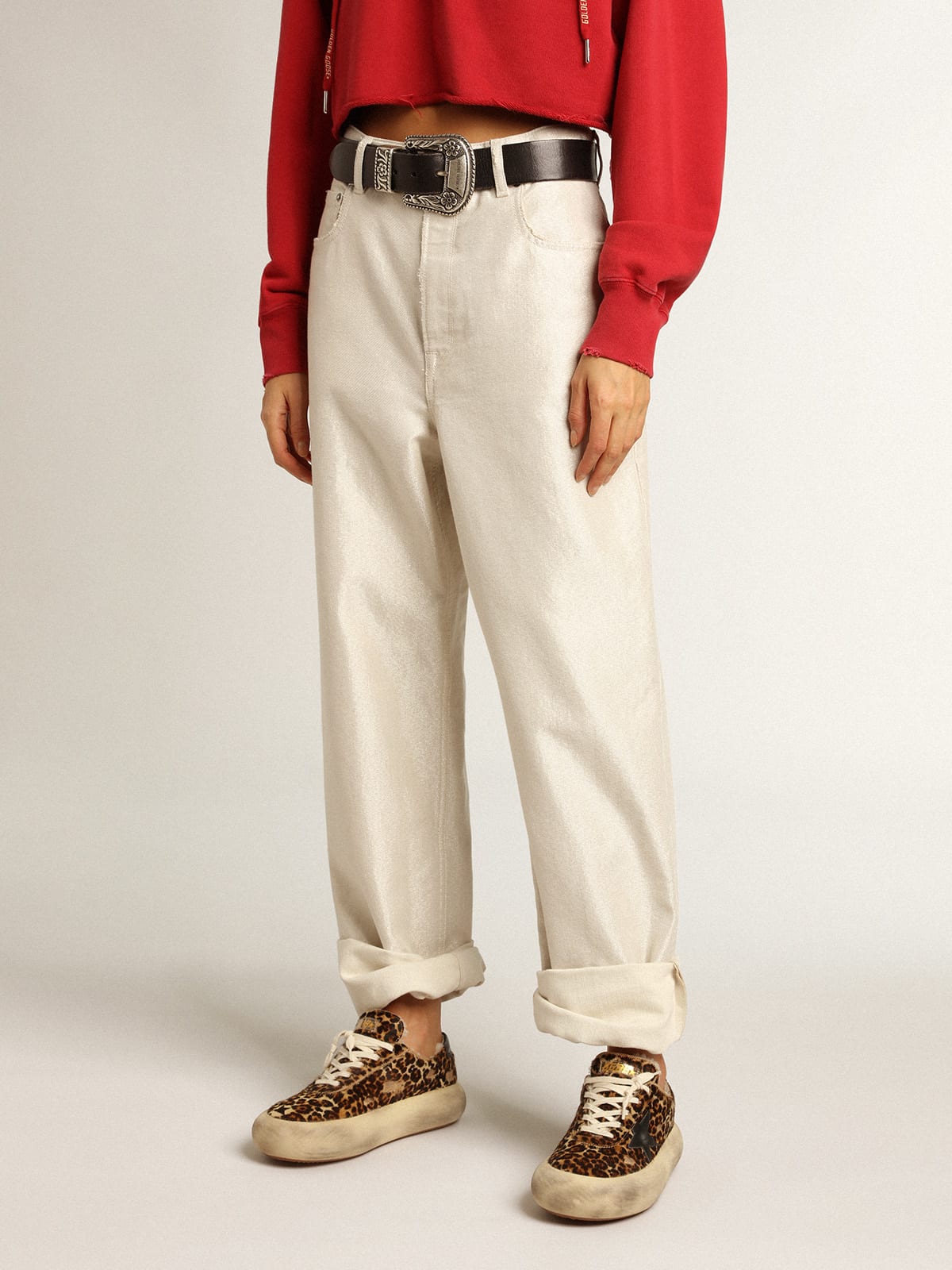 Pantalone denim di color bianco dorato