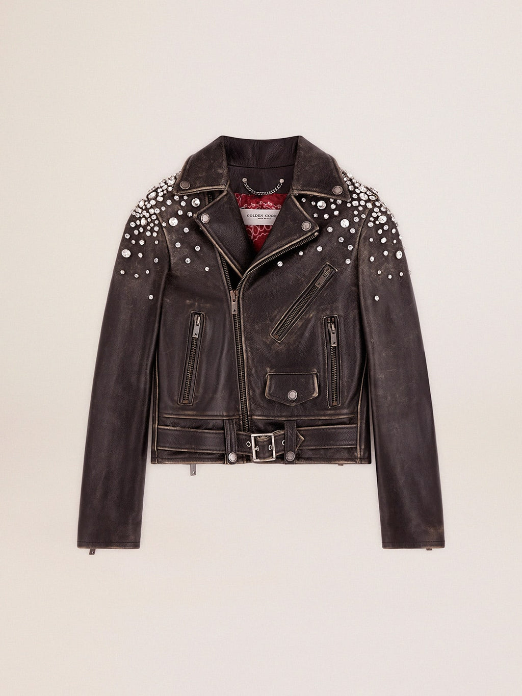 Chiodo in pelle dal trattamento distressed con cristalli cabochon