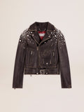 Chiodo in pelle dal trattamento distressed con cristalli cabochon