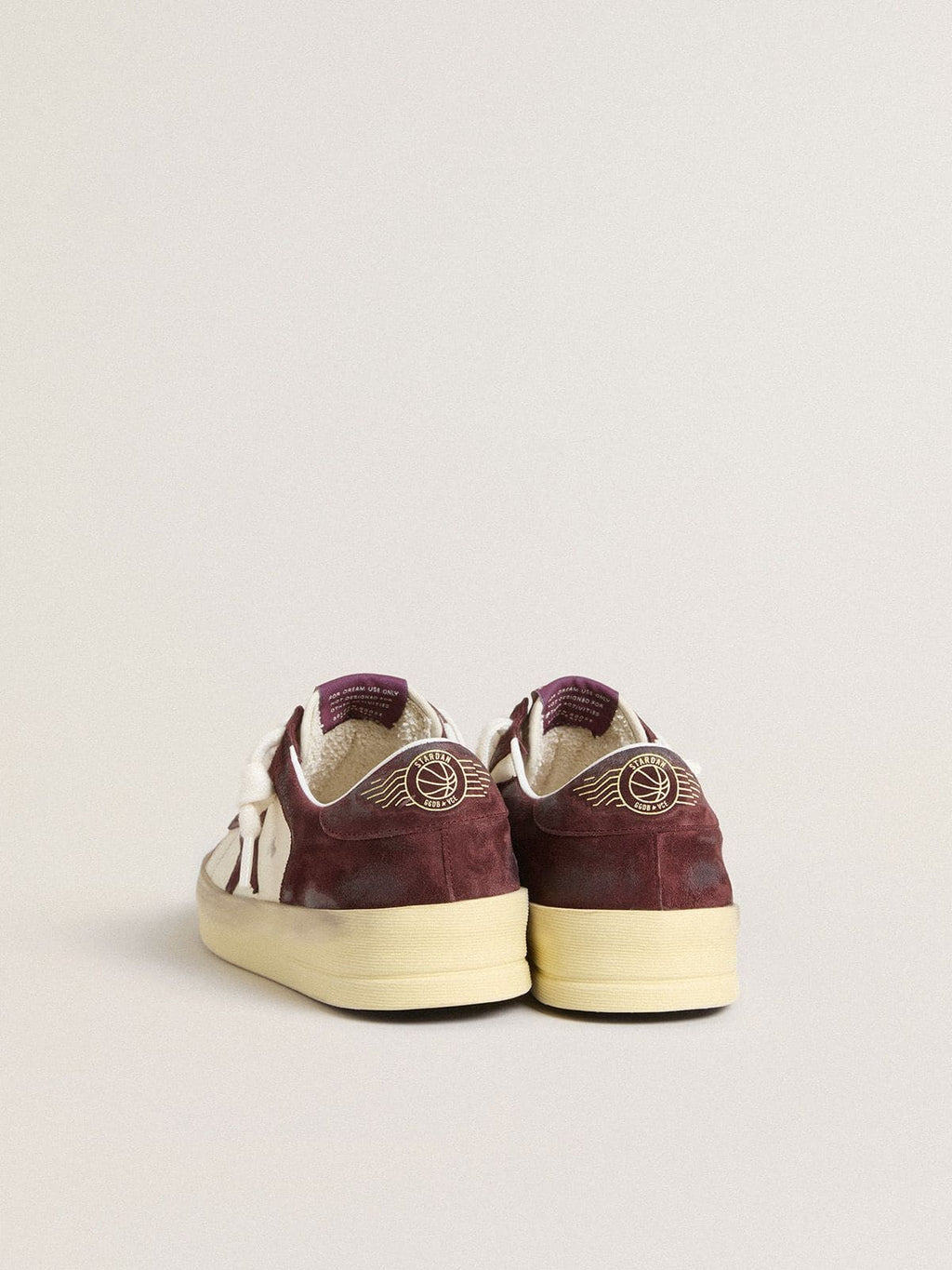 Women’s Stardan in white nappa with burgundy suede star and heel tab