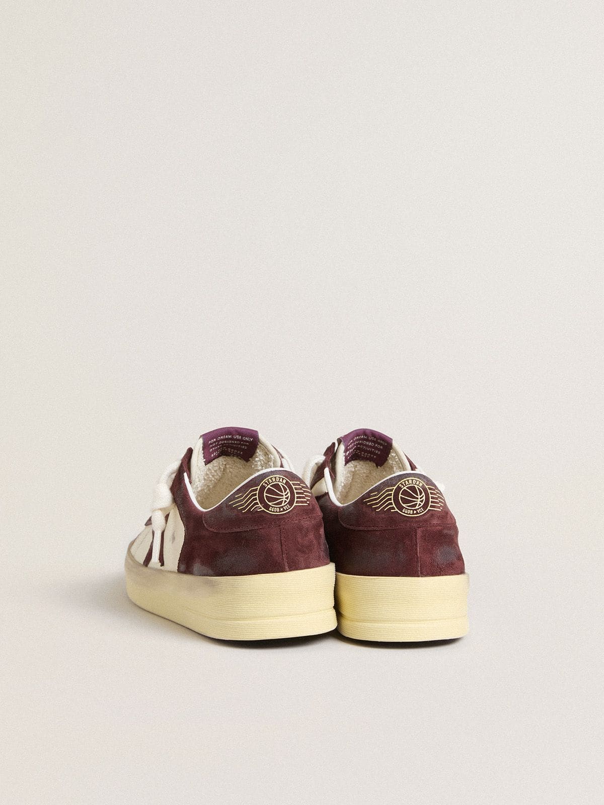 Women’s Stardan in white nappa with burgundy suede star and heel tab