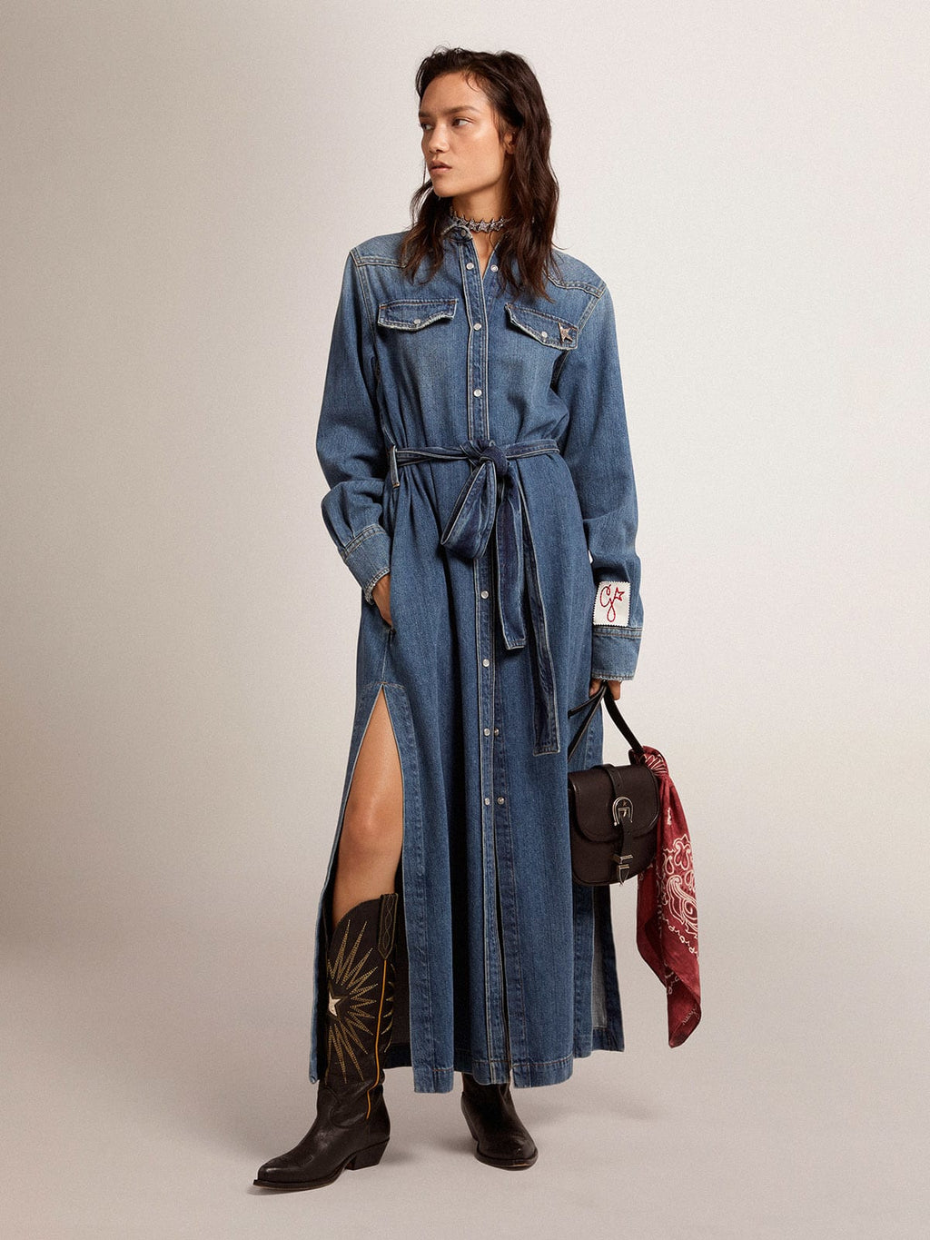 Vestito chemisier in denim Collezione Golden con cintura in vita