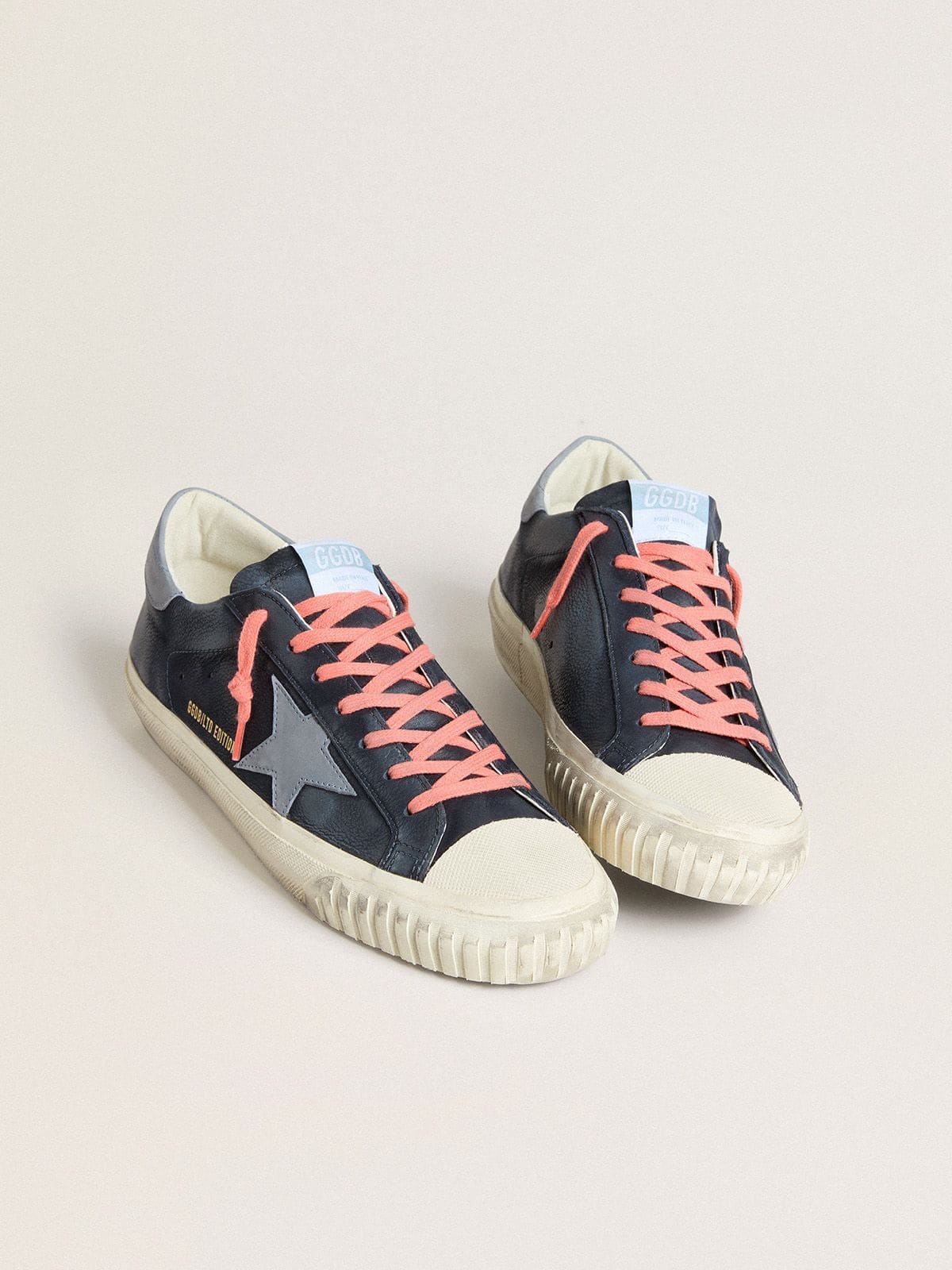 Super-Star in navy-blue leather with light blue leather star and heel tab