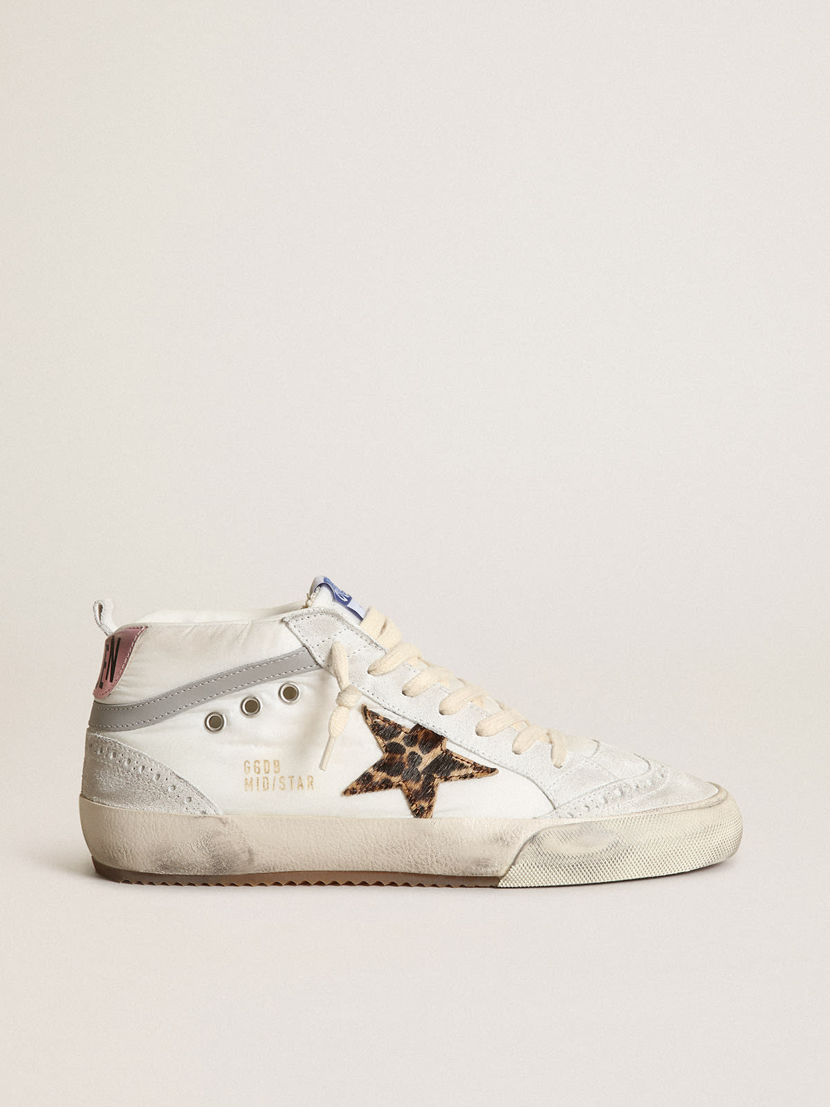 Sneaker Mid Star LTD in nylon bianco con stella in cavallino leopardato e talloncino in pelle laminata rosa