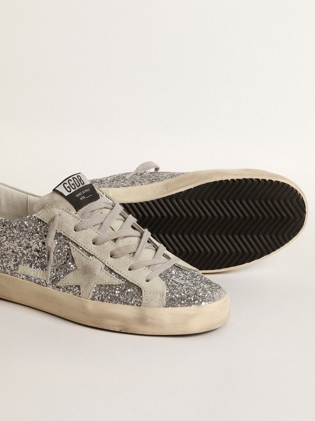 Super-Star in glitter argento con stella in suede grigio ghiaccio