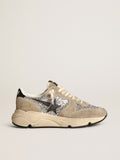Sneaker Running Sole in glitter argento e suede color tortora con stella in pelle nera