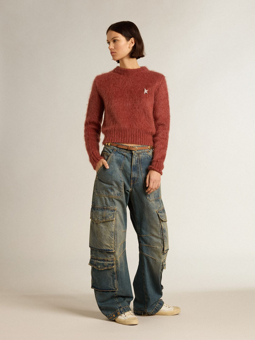 Maglione cropped in mohair color lilla scuro