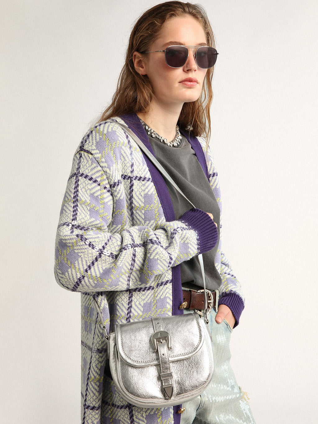 Borsa Rodeo Bag small in pelle laminata color argento