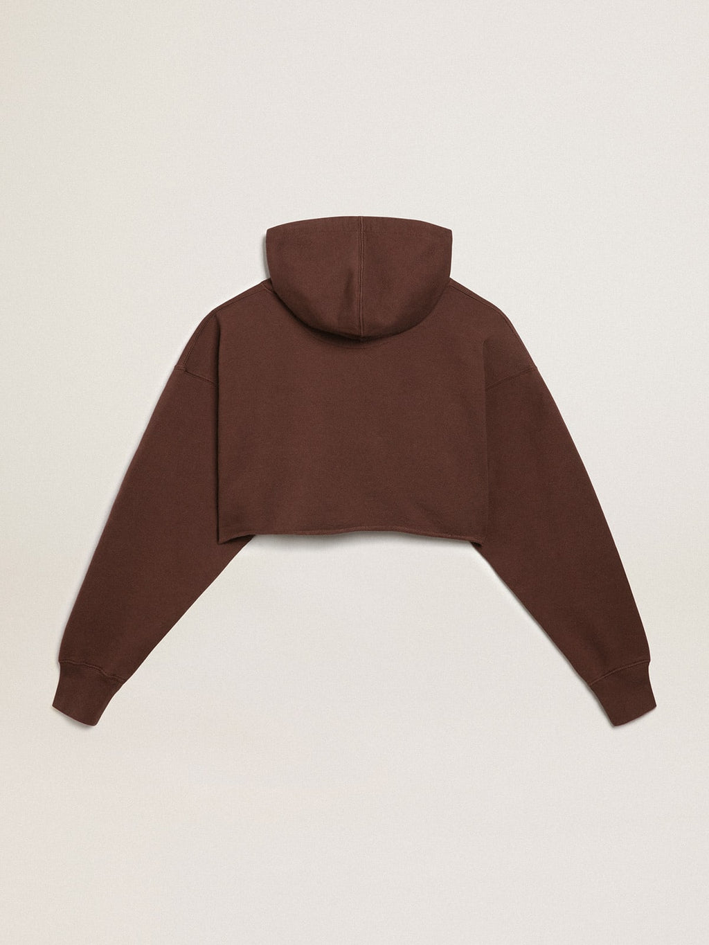 Felpa crop con cappuccio Collezione Journey di colore marrone noce scritta Golden bianca a contrasto