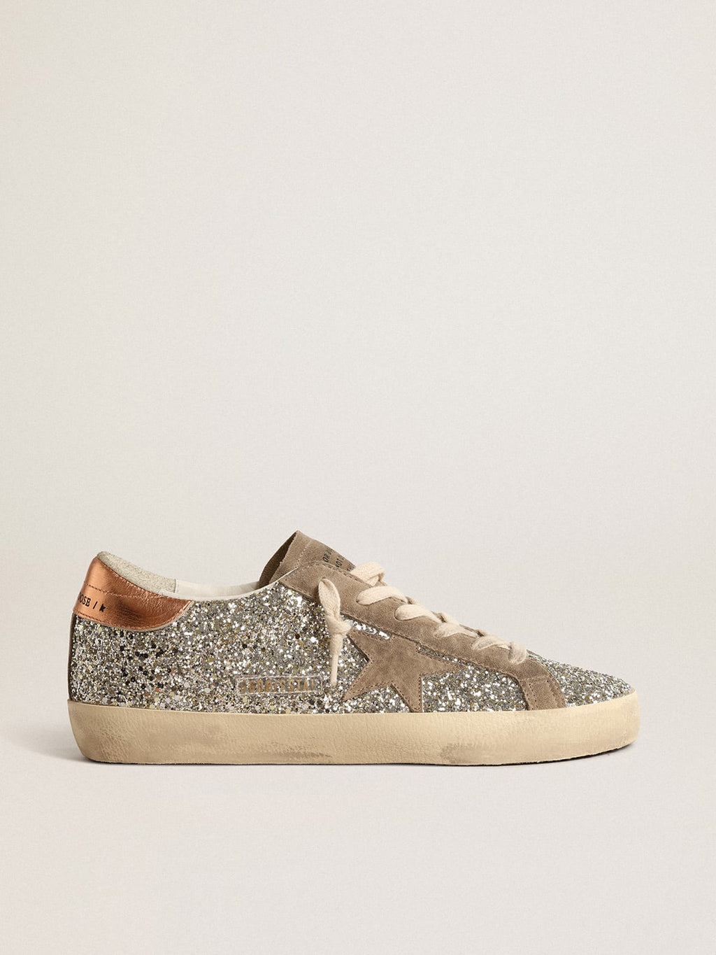 Super-Star in glitter platino con stella in suede color tortora