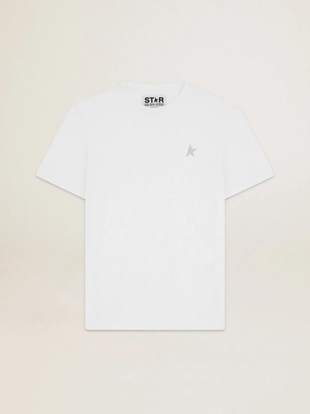 T-shirt bianca Collezione Star con stella in glitter argento sul davanti