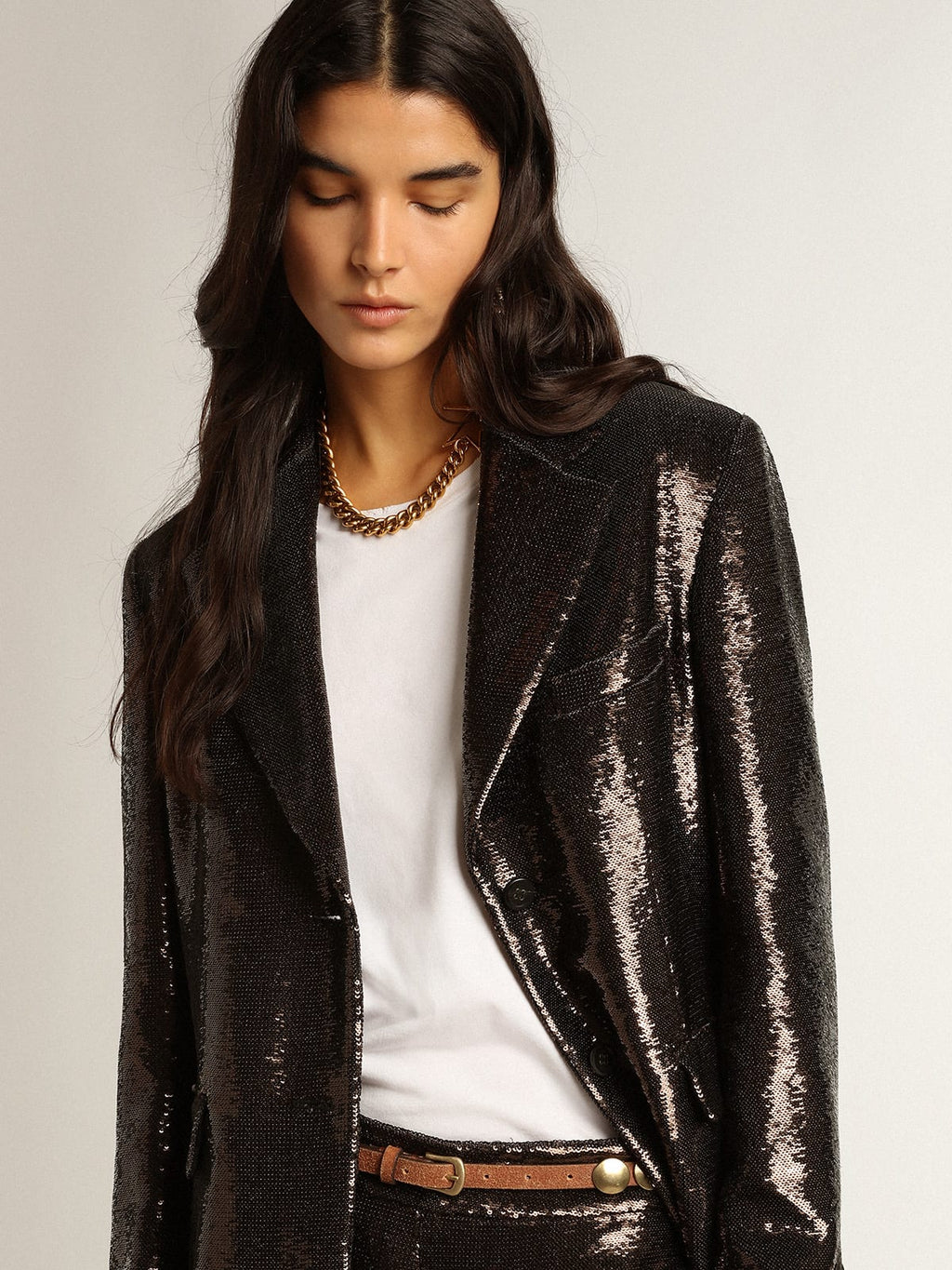 Blazer monopetto di colore grigio con paillettes all-over