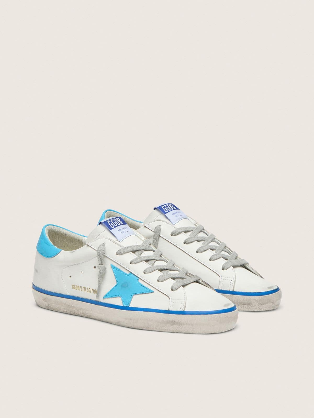 Women's Super-Star LTD in white leather with light blue leather star and heel tab
