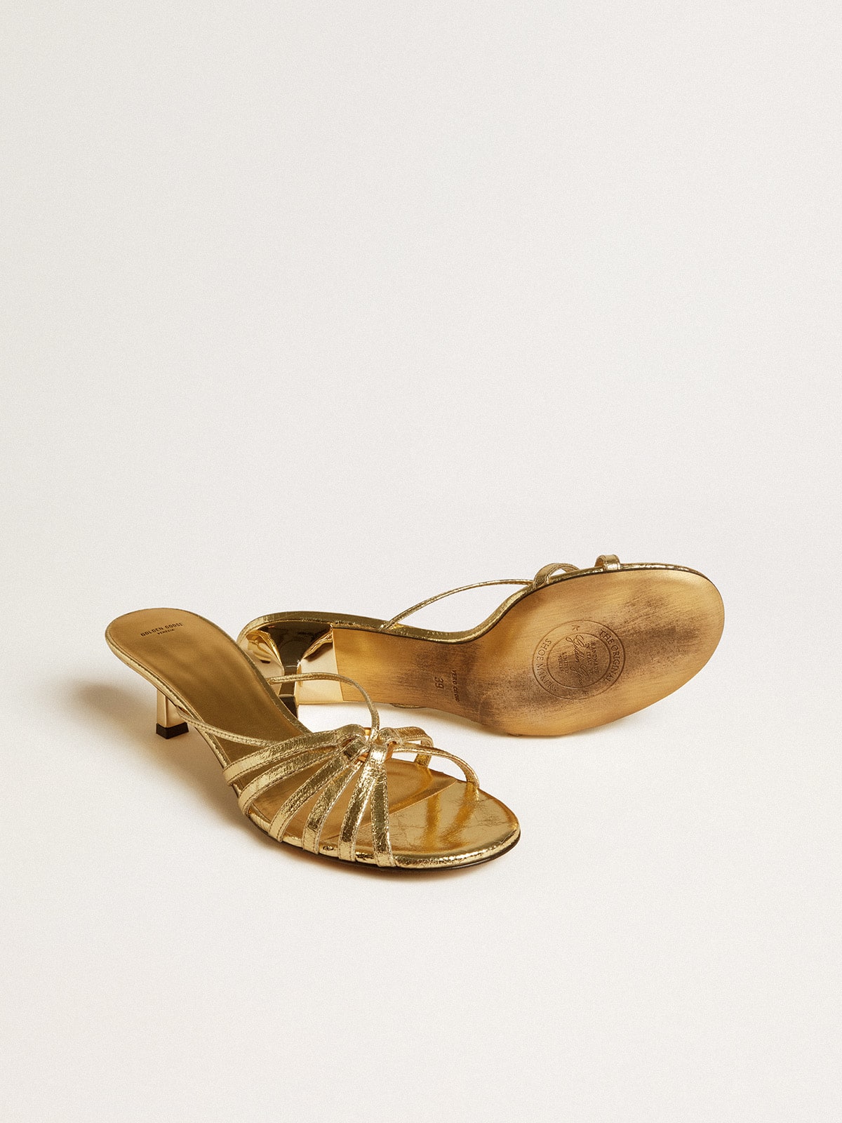 Nico kitten heel sandals in metallic gold leather