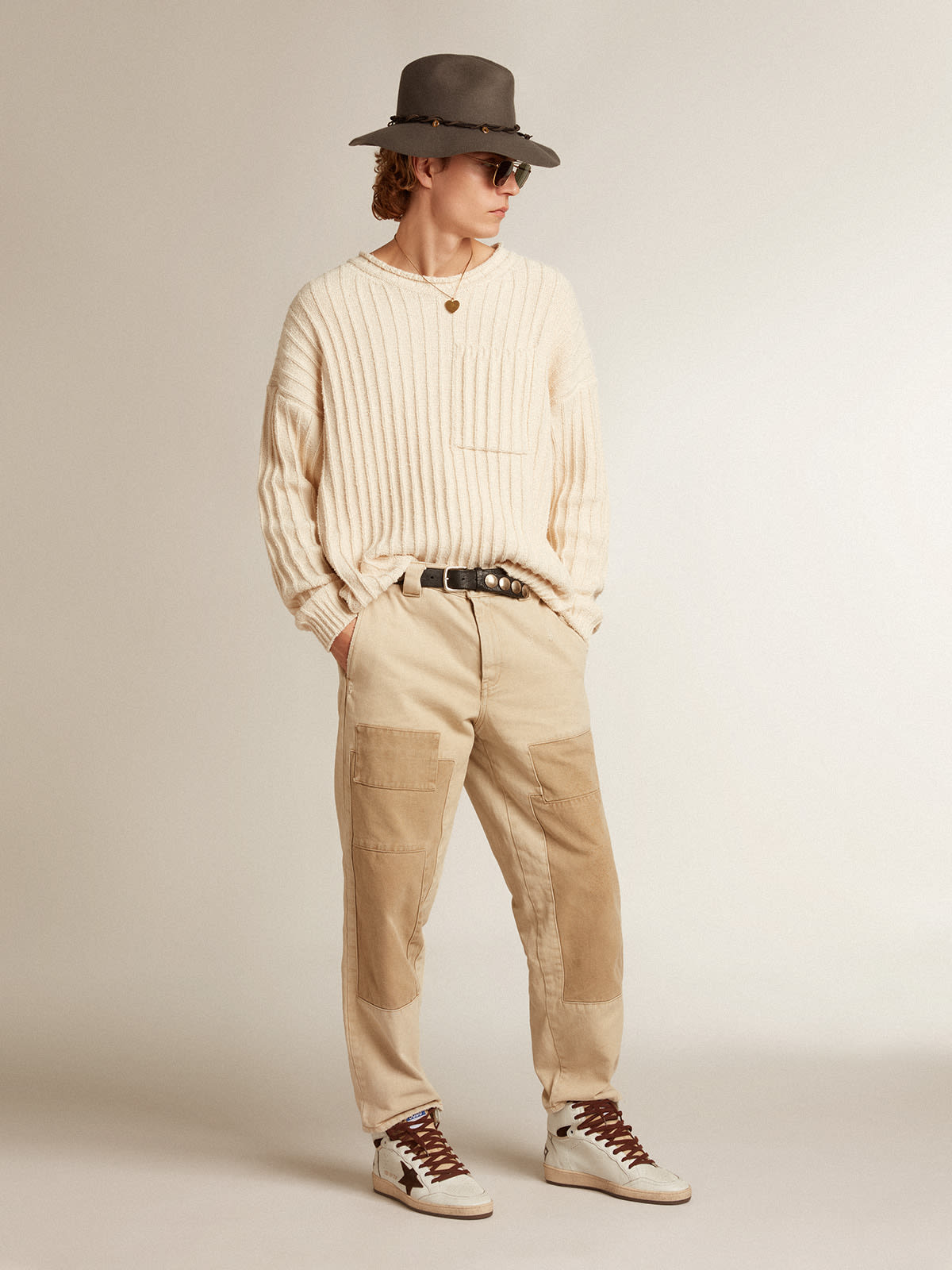 Sky-Star Uomo in nappa bianca con stella in suede cioccolato