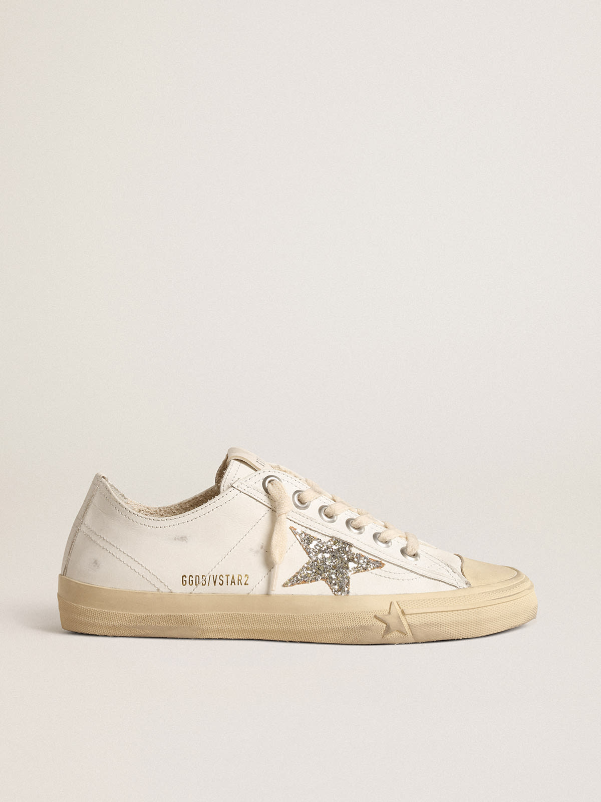 V-Star in pelle bianca con stella in glitter color platino