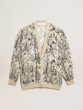Cardigan color bianco in viscosa con stampa toile de jouy e ricami