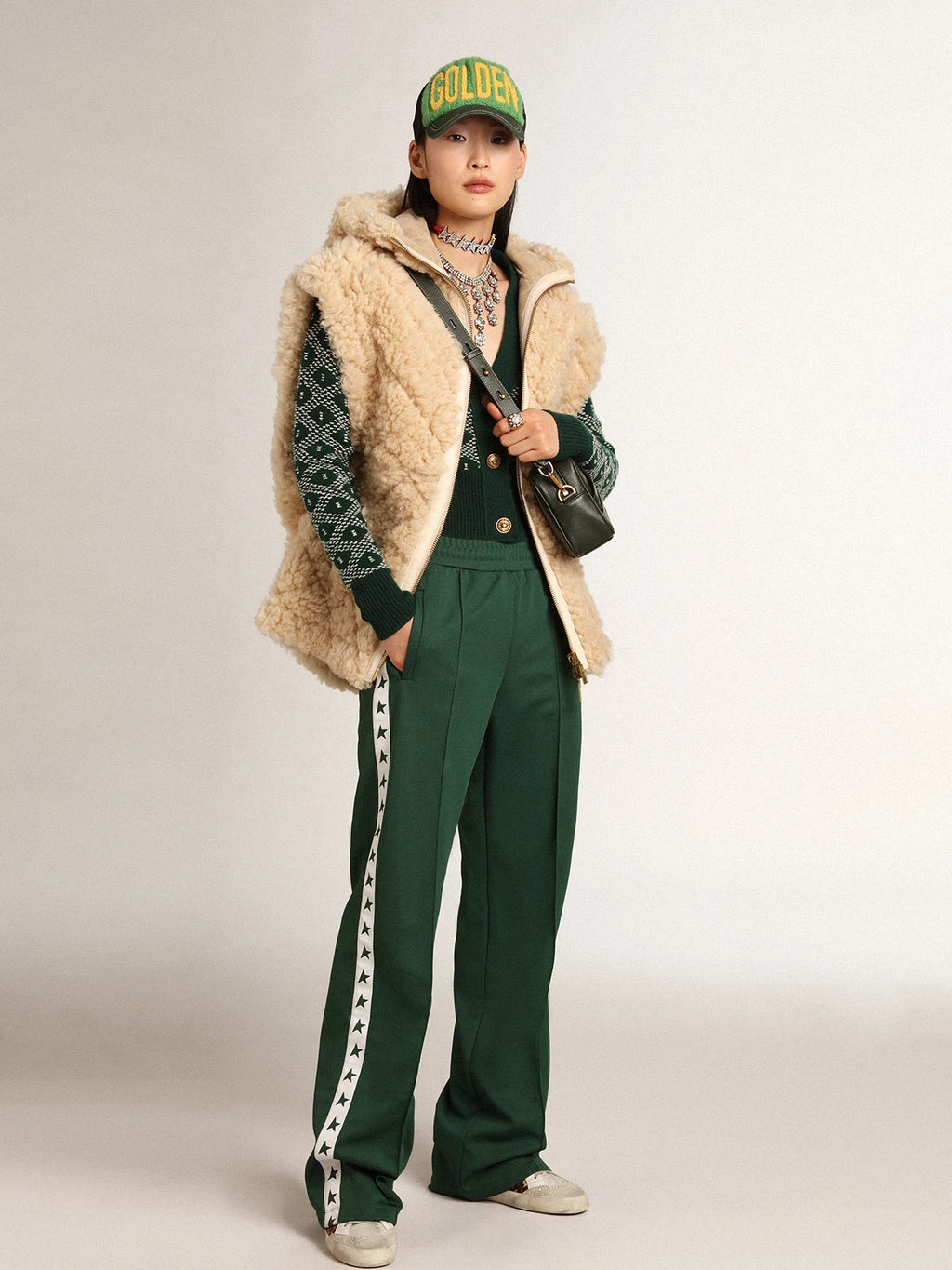 Cropped Cardigan Collezione Journey con jacquard a rombi nei toni del verde e del bianco