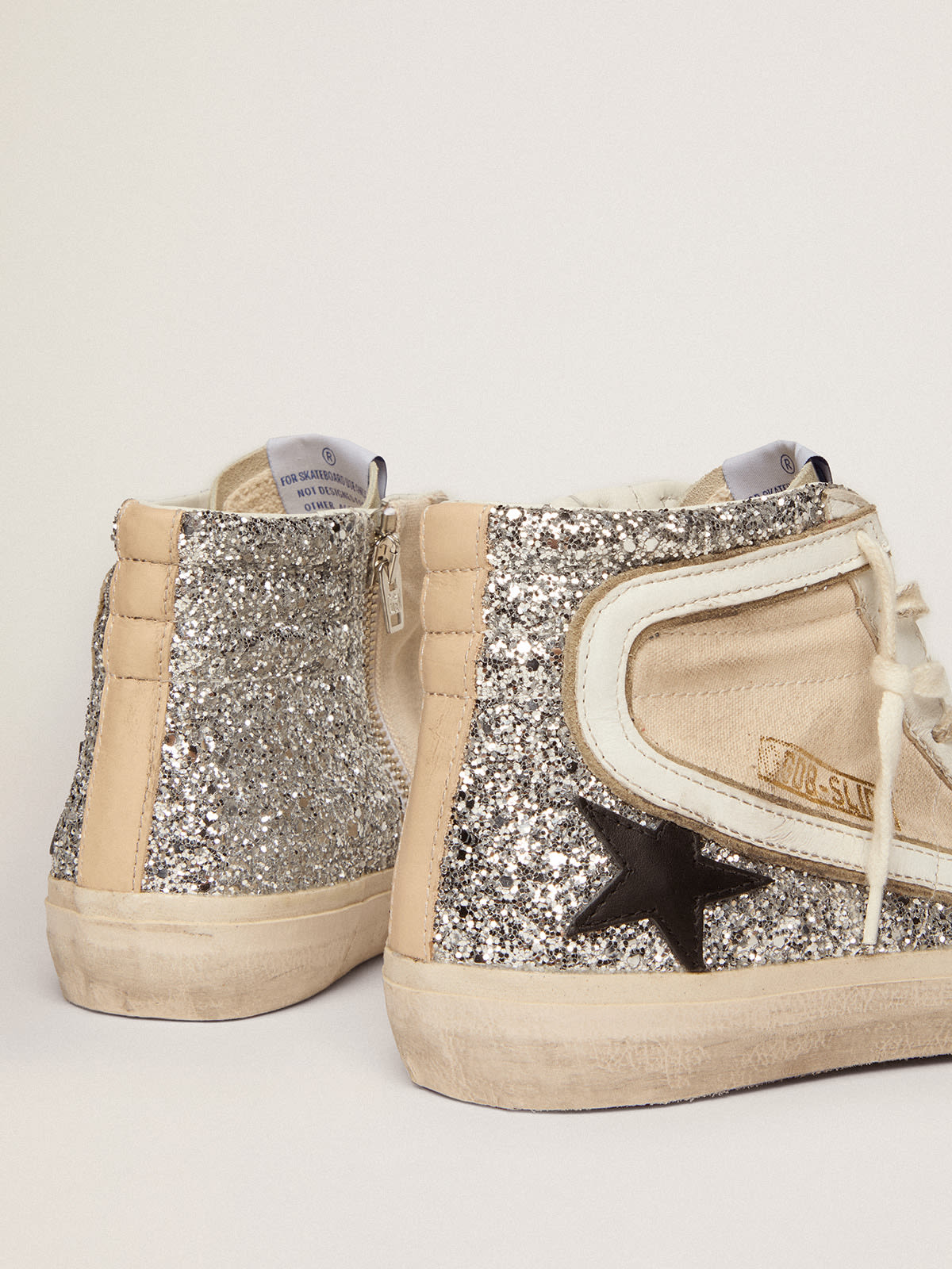 Sneaker Slide Penstar in canvas color crema e glitter argento con stella in pelle nera
