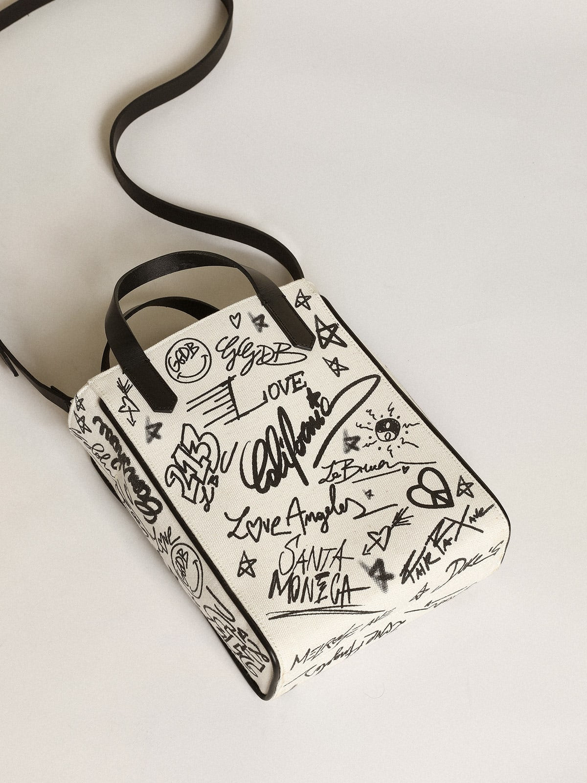 Borsa California Bag mini in cotone bianco con stampa nera a contrasto